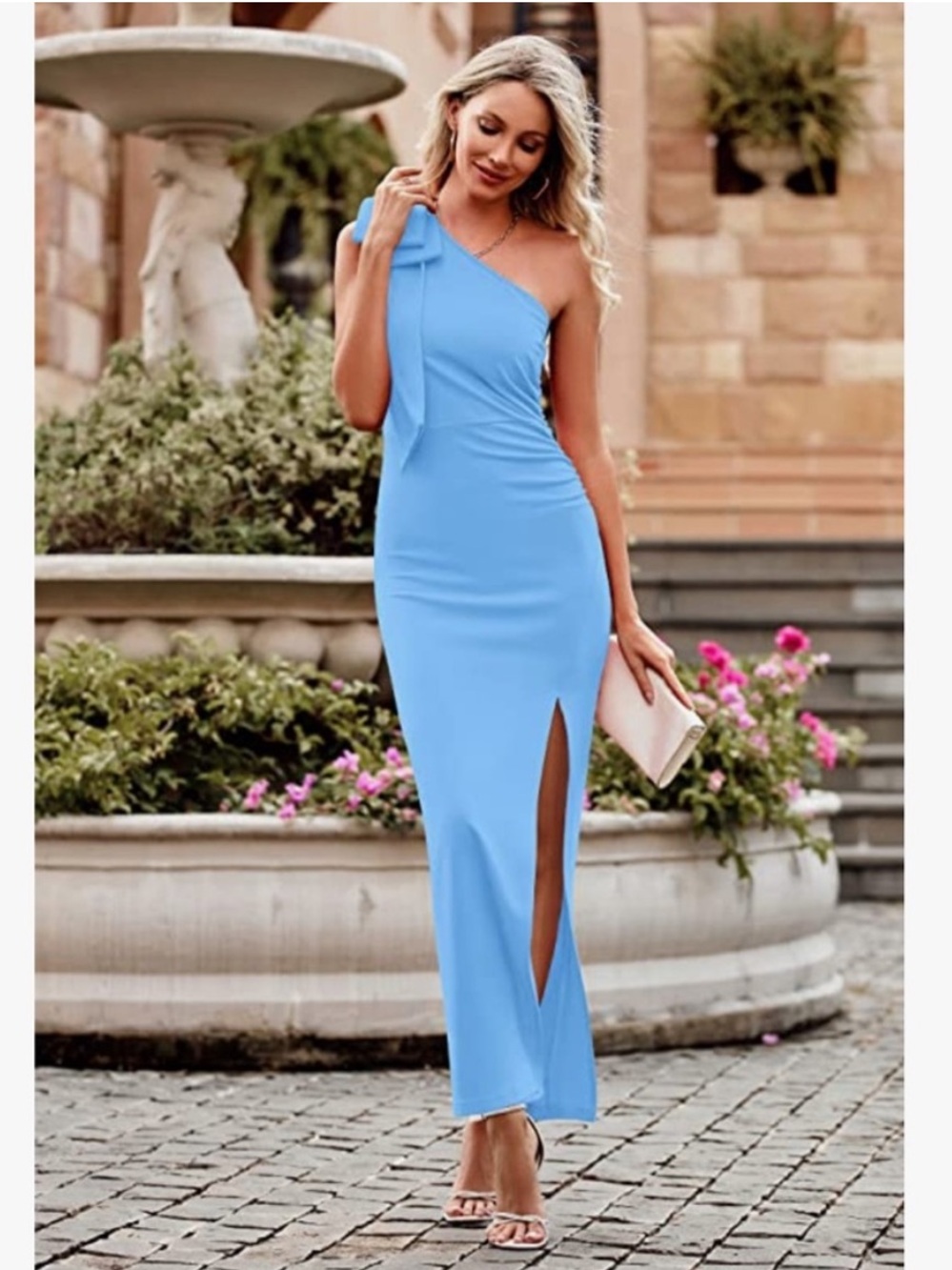 New! PrettyGarden One-Shoulder Blue Gown Side Slit Ruching Stretch Dress Large